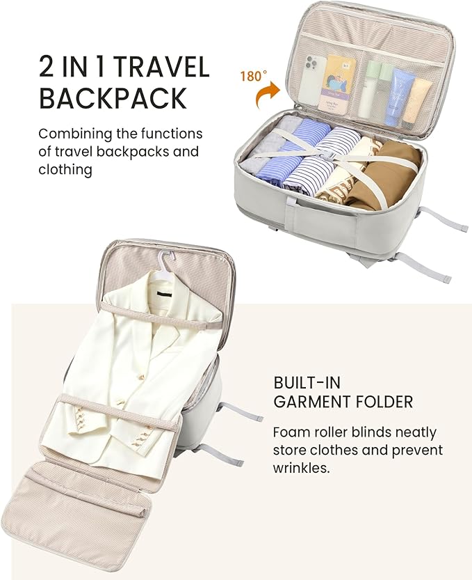 LOVEVOOK Travel Backpack for Women, 50L Carry On Backpack Flight Approved with Garment Bag, Personal Item Travel Bag Fit 17 Inch Laptop, Business Weekender Overnight Daypack With 2 Cubes, Pink-Grey