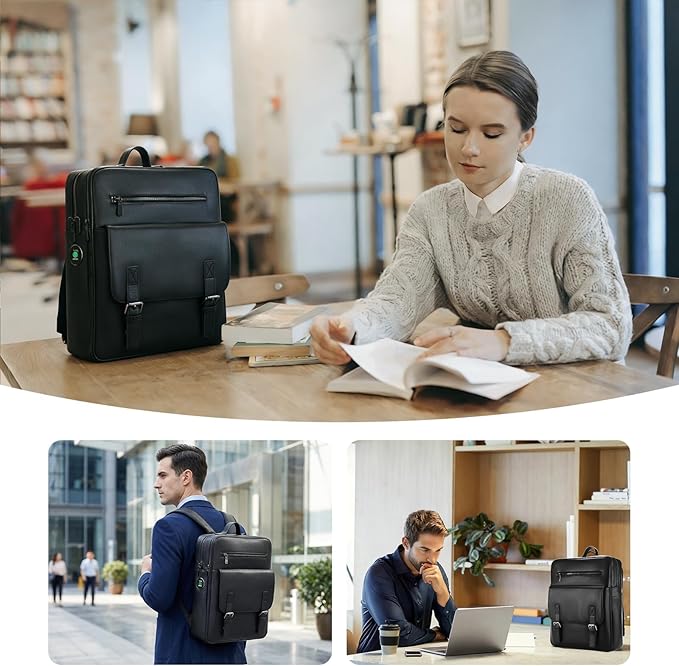 BBMars Smart Anti-Theft Backpack: Biometric Lock, Support Find My (iOS Only), Luxury Black Leather 15.6" Laptop Executive Bag for Men, Business Travel Daypack