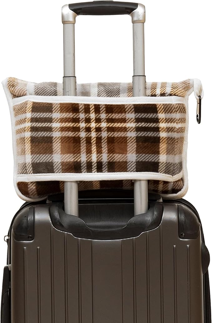 CARSTENS, INC. Travel Blanket, Premium Compact 2-in-1 Airplane Blanket/Pillow, Grey & Chestnut Plaid