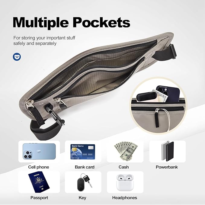 Unisex Money Belt For Men and Women, Slim Passport Holder RFID Blocking Travel Essentials Pouch with Adjustable Strap Small Waist Pouch for Workout Running Travelling Hiking, Light Grey 2 Pack