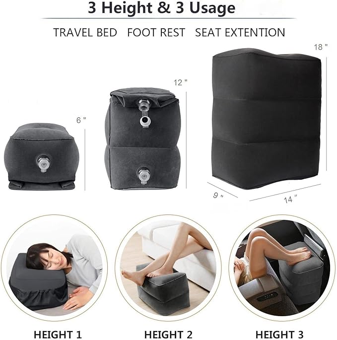 Inflatable Travel Foot Rest Pillow, Adjustable Height Leg Rest Pillow for Cars, Home, Office, Trains, Airplane, Make a Flat Bed for Baby, Kids, Toddlers, Grey, 2 Pack
