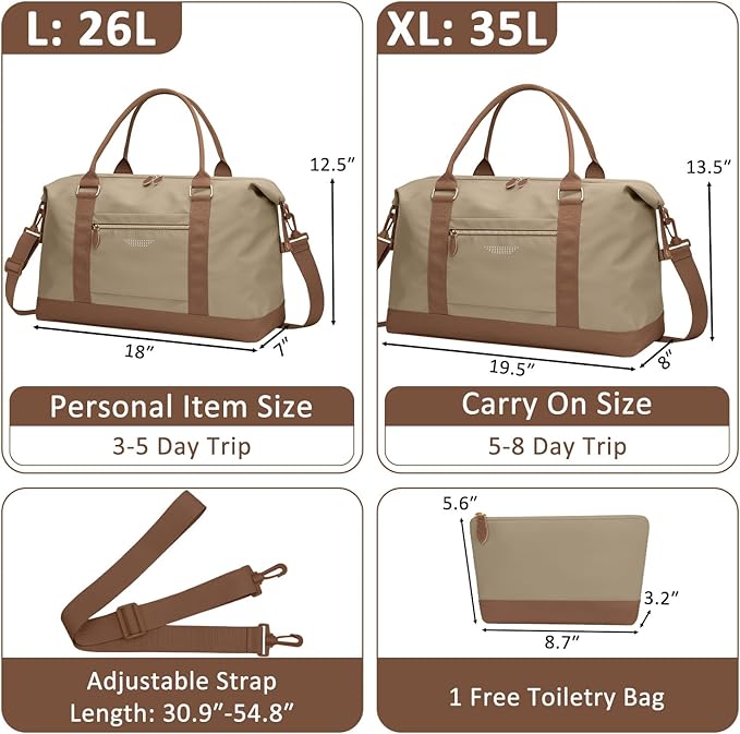 ELONGRIVER Travel Duffle Bag for Women, Weekender Bags, Hospital Bag for Labor Delivery, Lightweight Tote Duffel Overnight Bag with Luggage Sleeve, Airplane Travel Bags with Toiletry Bag, Large, Khaki