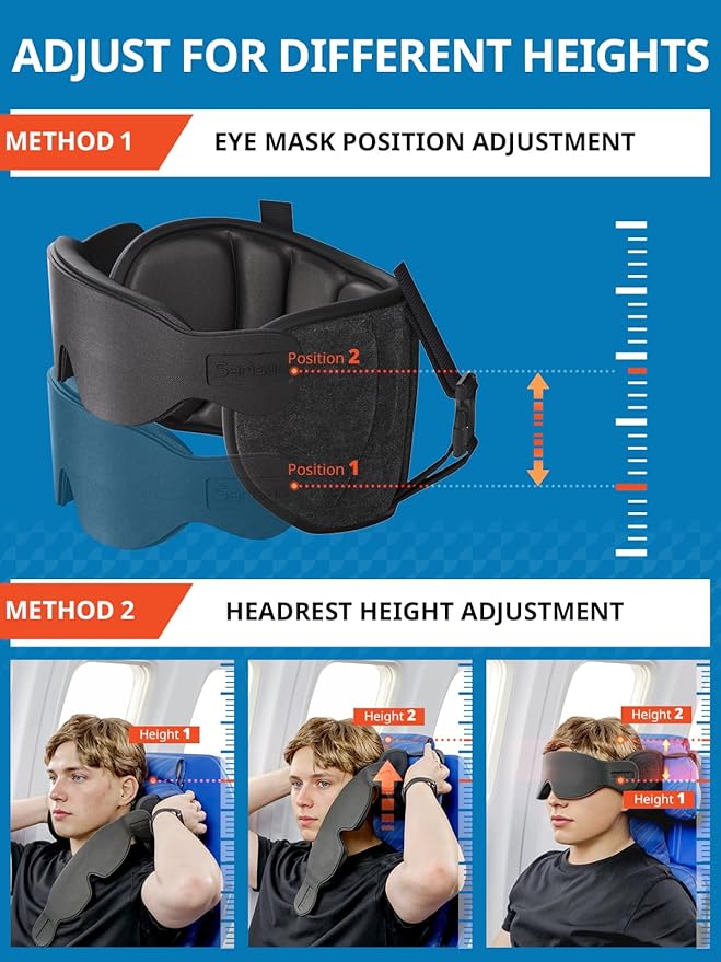 SARISUN Travel Pillows for Airplanes, Airplane Pillow for Long Flight Car Road Trip, Airplane Head Strap with Sleep Eye Mask, 360° Support Headrest, Stop Bobblehead Travel Neck Pillow, Stripe Black
