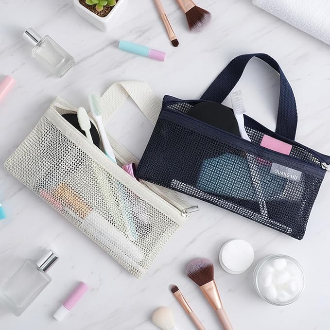 InnoHHustle 2 PCS Toothbrush Pouch, Mini Travel Toiletry Bags Portable Mesh Zipper Makeup Bag Travel Toothbrush Bag Square Mesh Storage Bags with Zipper for Men and Women (Beige, Blue)