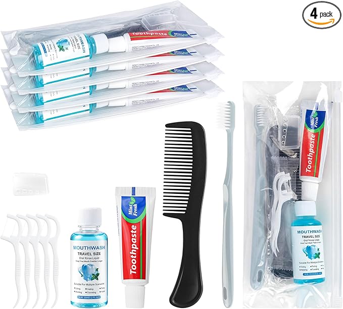 Travel Toothbrush Kit Bulk, Hygiene Kit Bulk with Toothbrush Toothpaste Set, Floss Picks, Comb, Travel Mouthwash, Toothbrush Cover, Individually Packaged, for Travel, Hotels (4-Pack)
