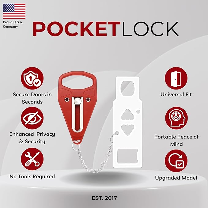 Portable Door Lock + Door Stop Alarm Set – Travel Safety Kit for Hotel Rooms, Home, Dorms & Apartments – (Red, 2-Pack - 2 Locks + 2 Alarms)