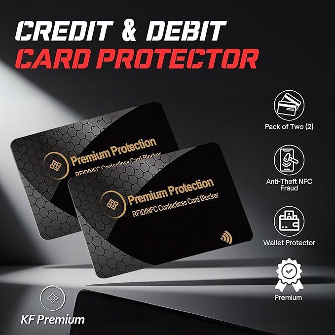 KF-Premium RFID Blocking Card (2 Pack) - Ultra Thin Debit & Credit Card Protector - Anti Theft & Fraud Contactless NFC Card Blocker - Passport Wallet Defender for Men & Women (Gold)