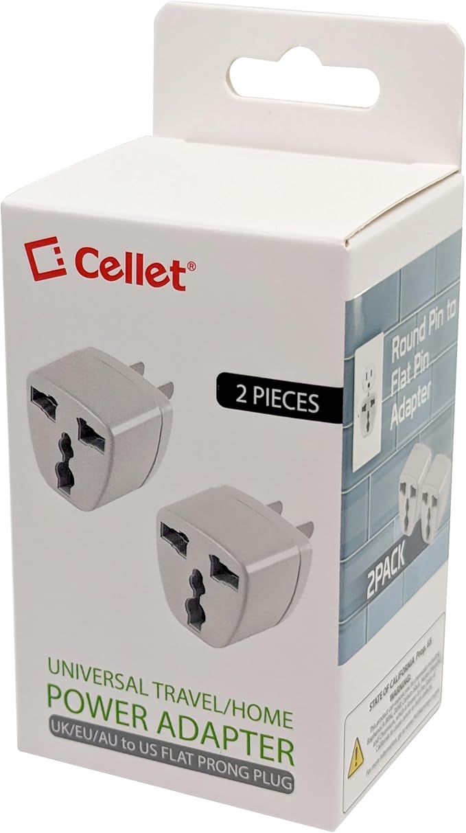 Cellet Universal Travel Adapter: Seamless Plug Conversion for International Travelers AC Wall Power Adapter to Convert China, UK, AU, EU & Other Plugs to US, Mexico, Canada Plug (2PACK) (Type-A)