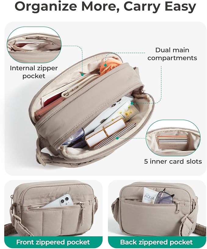 BAGSMART Cross Body Purse, Mini Crossbody Bags for Women Travel Purse, Puffy Shoulder Handbag Wallet with RFID Blocking Slots, Brown-small