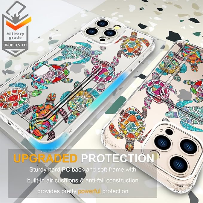 Compatible with iPhone 16 Pro Max Case Card Holder for Women Cute Design,Wallet Phone Cases Transparent Cool Kawaii Protective (Clear Sea Turtles Animal Tribal)