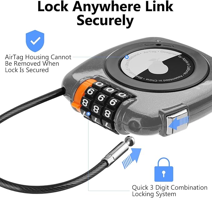 Compatible with Apple AirTag Secure Lock with Wire Cable, 3-Digit Combination Luggage Locks, Alloy Body Ultra Durable Anti-Lost Protective Case for Luggage, Bags, Suitcase, and Backpacks (Grey)