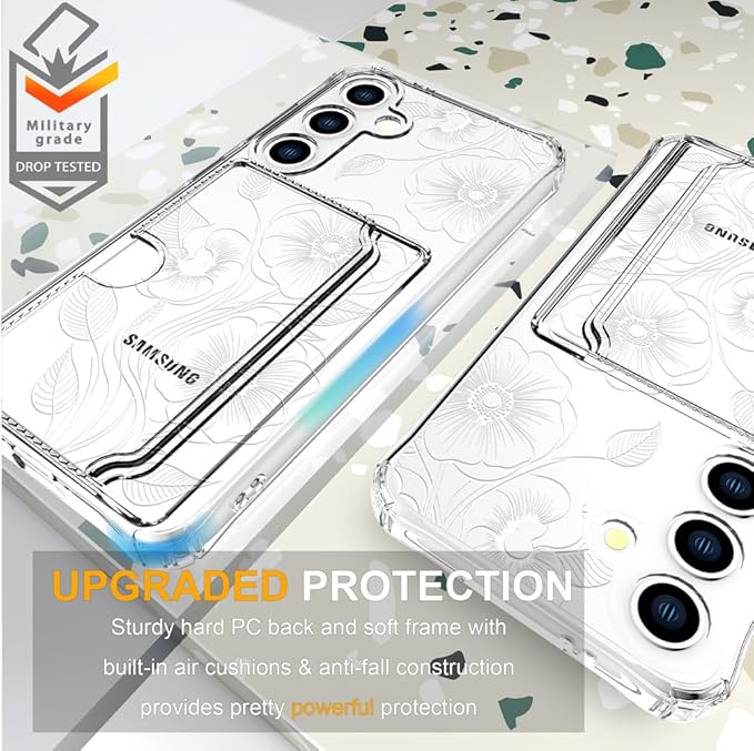 Compatible with Samsung Galaxy S24+ Plus / S25+ Plus Case Card Holder for Women Cute Design,Wallet Phone Cases Transparent Cool Kawaii Protective (Clear Seamless Abstract Flower)