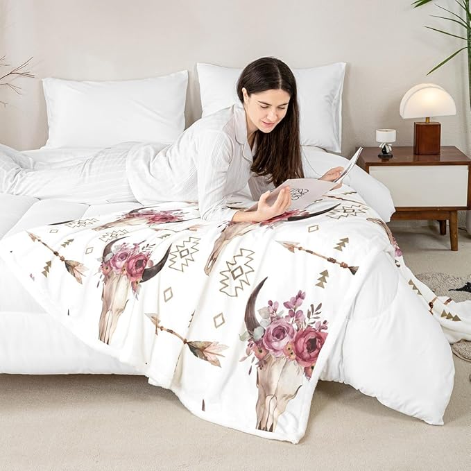 Manfei Cow Skull Kids Throw Blanket,Western Cowboy Aztec Flowers Romantic Bed Blanket for Girls Boys Adults,Arrows Boho Tribal Fleece Blanket,Rustic Retro Fuzzy Blanket,Throw Size (50 x 60 Inches)