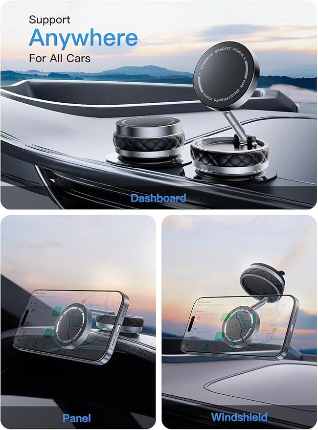 Magnetic Vacuum Foldable Phone Holder - 360°Adjustable, Strong Suction & Nano Adhesive,Alloy Base for Airplane Seatbacks,High-Speed Train Tables,Smooth Surfaces Portable Travel Companion (Black)