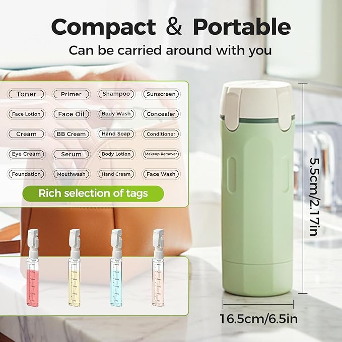 4 in 1 Travel Dispenser Bottle, 2026 New Travel Bottles for Toiletries, Toiletries Bottle for Travel, Compact Travel Shampoo and Conditioner Containers for Shampoo Lotion (White and Green)