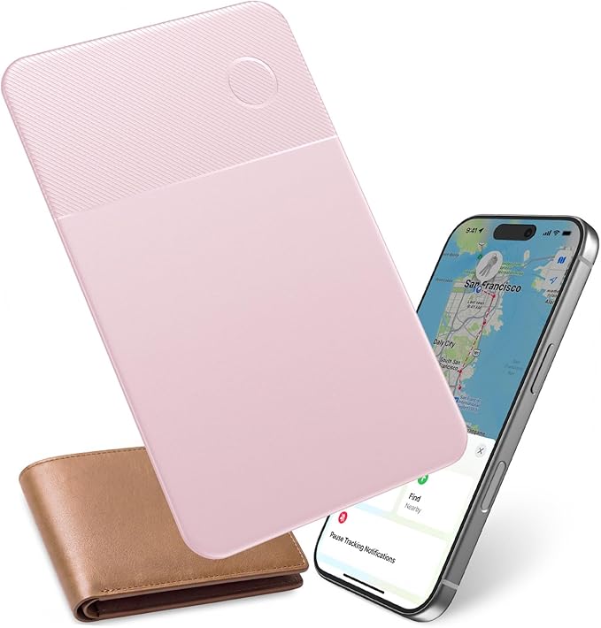 Slim Rechargeable Wallet Tracker Card – Ultra-Thin Item Locator for Wallet, Luggage & Passport, Compatible with iOS (iOS Only) (Pink)