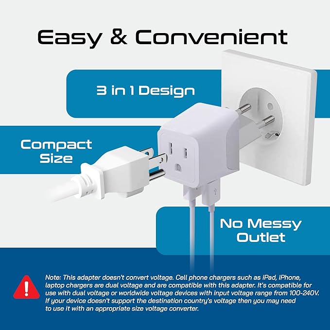 Ceptics European Travel Plug Adapter – Compact Type C & F Adapter with USB-C & A + USA Input – Safe Grounded Schuko Adapter – Travel Charger for France, Germany & More – CTU-9-9C-PK