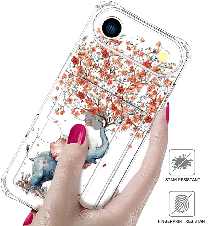 Compatible with iPhone 17 Air Case Card Holder for Women Cute Design,Wallet Phone Cases Transparent Cool Kawaii Protective (Clear Elephant Creating Flowers)