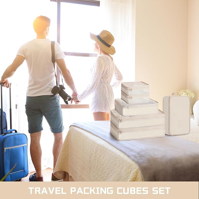 Reginary 1 Pack 6 Set Travel Packing Cubes Luggage Organizer Set Lightweight Suitcase with Shoe Bag for Clothes Toiletries (Beige)