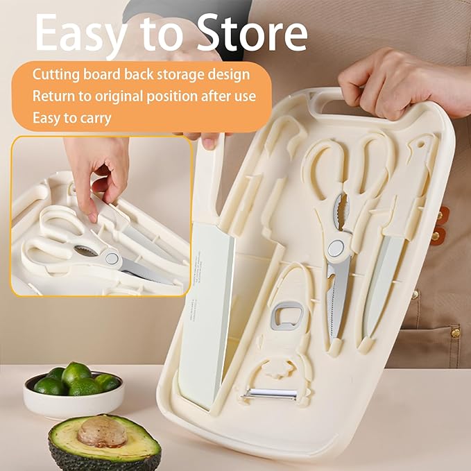 Cutting Board and Knife Set, 5 In1 Travel Cutting Boards And Knife Travel Cutting Board Kitchen Scissors and Peeler For Kitchen (Pink)