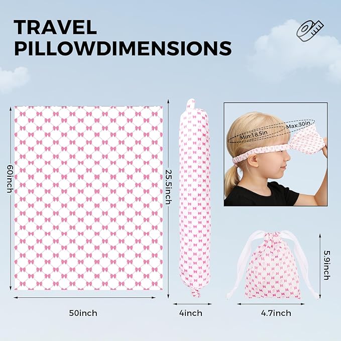 Travel Pillow with Detachable Flannel Blanket & Eye Mask – Plush Velvet Neck Support Pillow for Airplane,Car,Office Rest,Coordinated Digital Print Set (Pink Bow, 50in * 60 in)