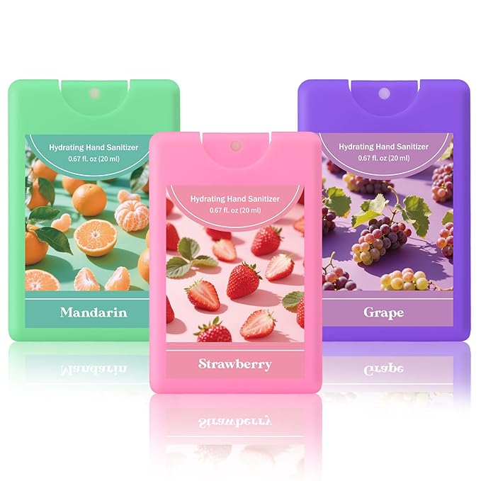 Set of 3 Power Mist Hydrating Hand Sanitizer Spray Bulk Travel Size Refreshing Hand Sanitizer 0.67 Fl. oz Compact Card Spray Bottle Grape Mandarin Strawberry Scent for Mother's Day Women Gifts