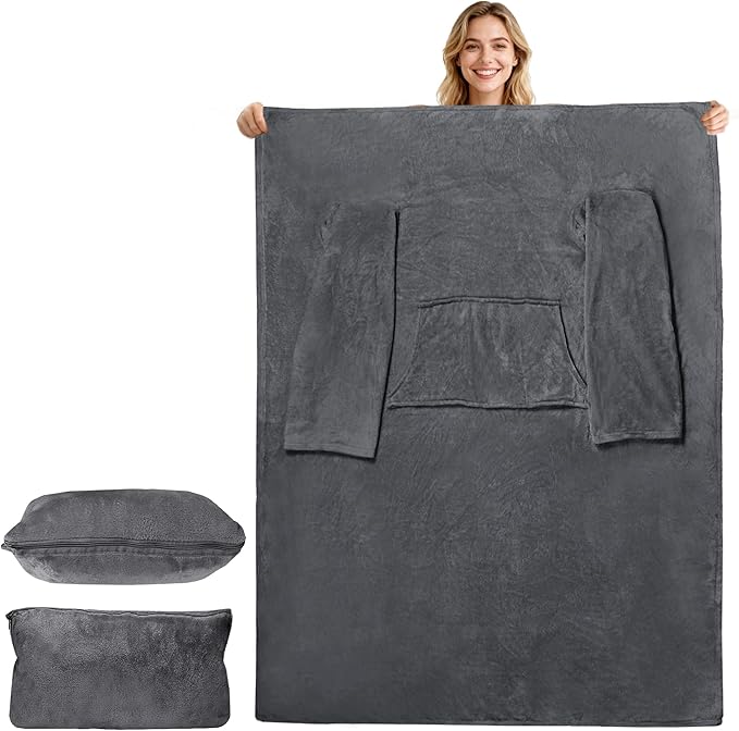 Catalonia Packable Travel Wearable Blanket Pillow with Sleeves for Adults, 2 in 1 Wearable Blanket with Pockets