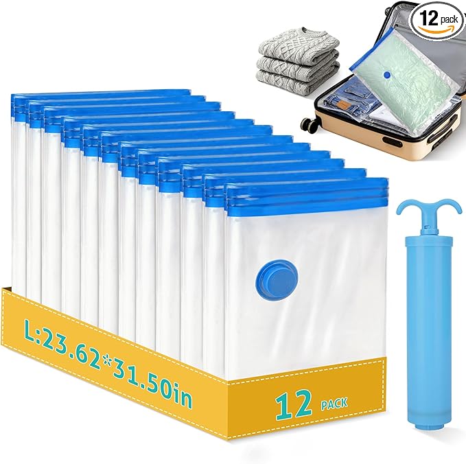 12 Pack Large Travel Vacuum Storage Bags, Portable Vacuum Seal Bags for Clothing Travel with Pump, Space Saver Bag for Luggage Suitcases Clothes Bedding Seasonal Storage