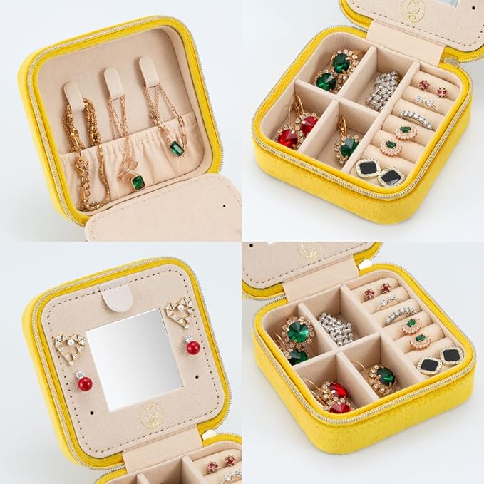 ZPROW Plush Velvet Travel Jewelry Case, Organizer, Box, Small Case for Women, Earring Organizer with Mirror, Best Gifts For Daughter, Girlfriend, Mom | Gifts For Her - Yellow