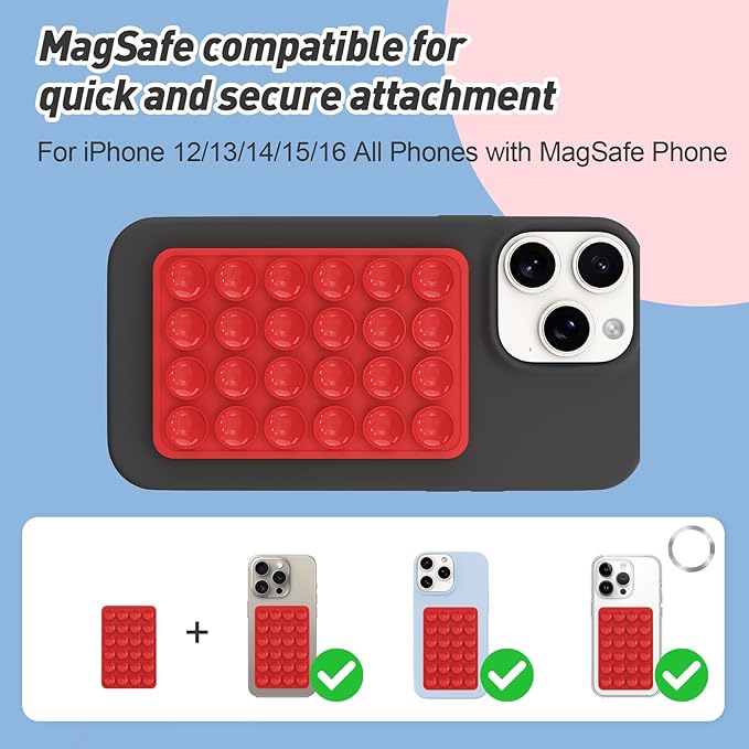 Magnetic Suction Phone Mount for MagSafe Case,Silicone Sticky Phone Grip Holder for iPhone,Removable Hands-Free Selfie/Video for TikTok & Instagram Influencer/Creator (Red)