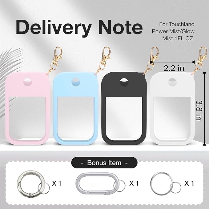 4 PCS Soft Silicone Case for Touchland Power Mist (1FL. OZ./30 mL), Protective and Stylish Case with Keychain Compatible with Touchland Hand Sanitizer Spray (Pink/Blue/White/Black)