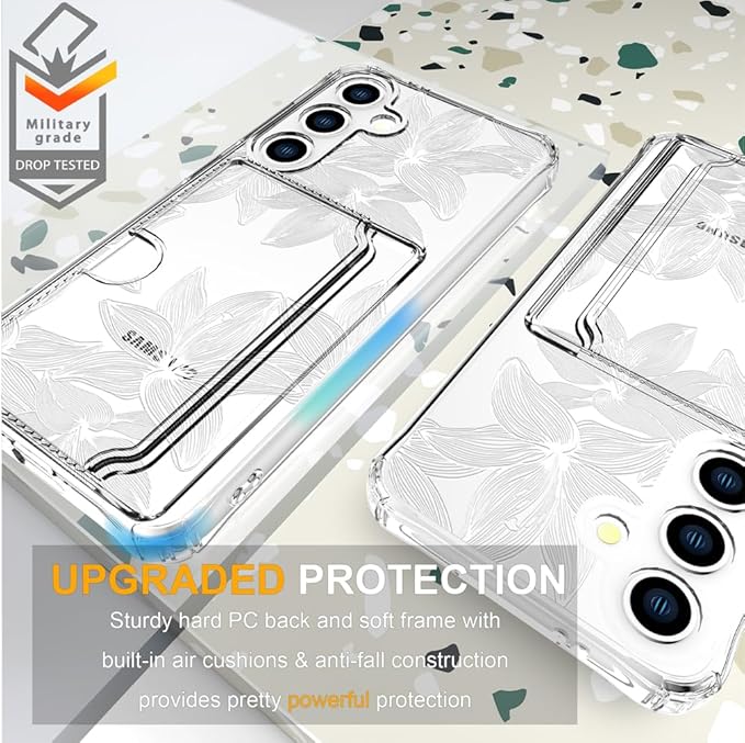 Compatible with Samsung Galaxy S24 / S25 Case Card Holder for Women Cute Design,Wallet Phone Cases Transparent Cool Kawaii Protective (Clear Flower White)