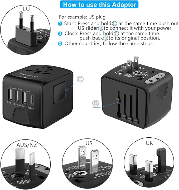 SAUNORCH Universal International Travel Power Adapter W/High Speed 2.4A USB, 3.0A Type-C Wall Charger, European Adapter, Worldwide AC Outlet Plugs Adapters for Europe, UK, US, AU, Asia-Black