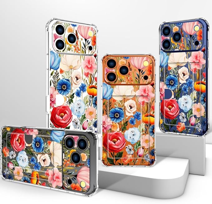 Compatible with iPhone 17 Pro Case Card Holder for Women Cute Design,Wallet Phone Cases Transparent Cool Kawaii Protective (Clear Flower Art Rose Peony)