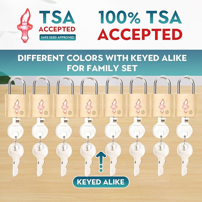 8 Pack Luggage Locks - TSA Approved + Key Padlock, Travel Locks for Suitcase, Carry On, Backpack, Laptop Bag. Gold