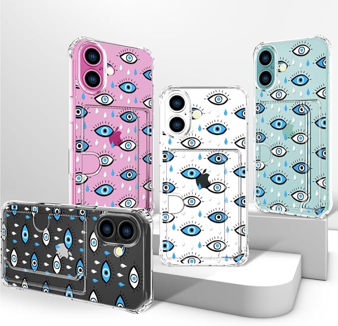 Compatible with iPhone 16 Case Card Holder for Women Cute Design,Wallet Phone Cases Transparent Cool Kawaii Protective (Clear Blue Evil Eyes)