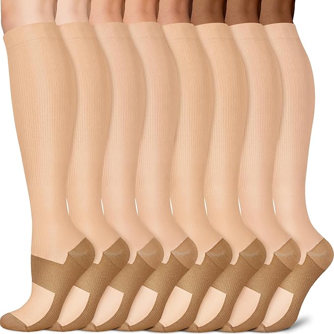 Sooverki Copper Compression Socks for Men & Women 8 Pack 15-20mmHg - Knee High Stockings Best Support for Running Athletic