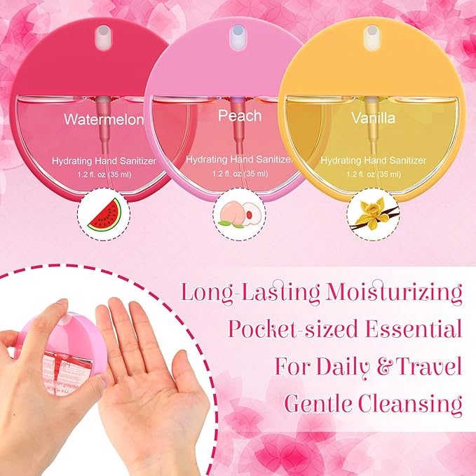 Set of 3 Power Mist Hydrating Hand Sanitizer Spray Travel Size Moisturizing Hand Sanitizer 1.2 Fl. oz Compact Round Spray Bottle Vanilla Peach Watermelon for Women Mother's Day Mom Gifts