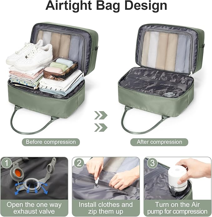 Vacuum Travel Bag for Women with Air Pump, Personal Item Carry on Bags with Seal Compression Pocket for Airlines, Weekender Overnight Bag for Women with Toiletry Bag，Green