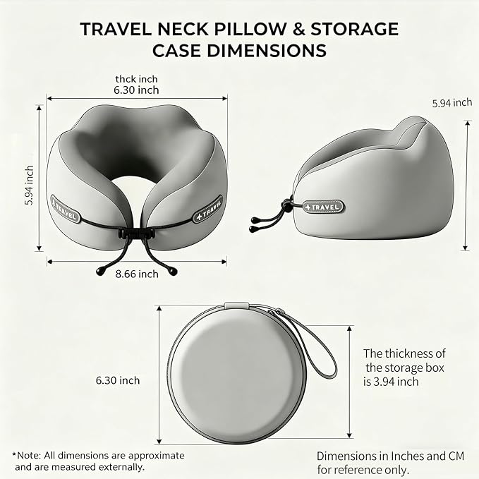 Travel Neck Pillow with Storage Case, 100% Pure Memory Foam, Airplane Head Support for Flight Sleeping, Portable, Gray (Gray Matching)