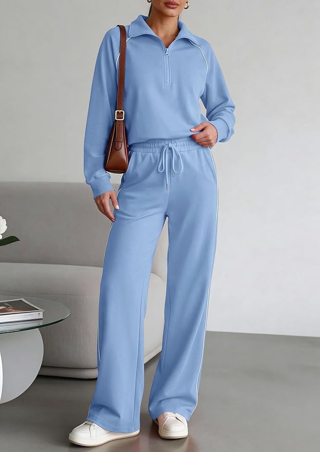 PRETTYGARDEN Women's 2 Piece Outfits Casual Lapel Half Zip Sweatshirts and Wide Leg Pants Tracksuit Sets