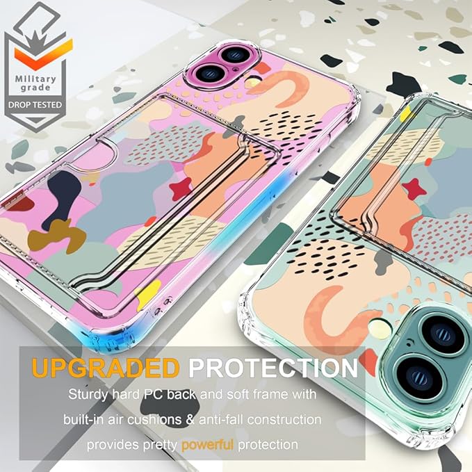 Compatible with iPhone 16 Plus Case Card Holder for Women Cute Design,Wallet Phone Cases Transparent Cool Kawaii Protective (Clear Abstract Art)