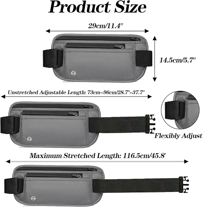 Gray Hidden Money Belt for Travel for Men, Waist Wallet Anti Theft, RFID Passport Holder For Travel Men Or Women, Money Pouch, RFID Passport Holder