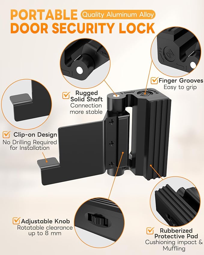 Portable Door Reinforcement Lock for Travel & Home, No Screws Instant Install Safety Lock for Inward Swing Front Door, Hotel, Apartment - Extra Latch from Inside Withstand 800lbs (Black-3PCS)