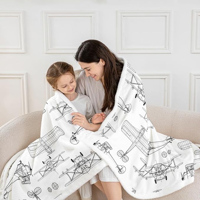 Airplane Kids Throw Blanket,Hand-Painted Sketch American Aircraft Bed Blanket for Girls Boys Adults,Air Vehicles Cartoon Fleece Blanket,Black White Fuzzy Blanket,Throw Size (50 x 60 Inches)