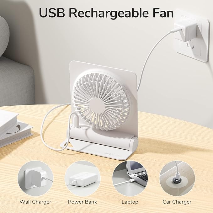 JISULIFE Small Desk Fan, Portable Travel with 2000mAh Battery, USB Rechargeable Folding Design for Flexibility, Strong Quiet Wind with 4 Speed Modes, Ideal Gifts for Office/Home/Camping - White