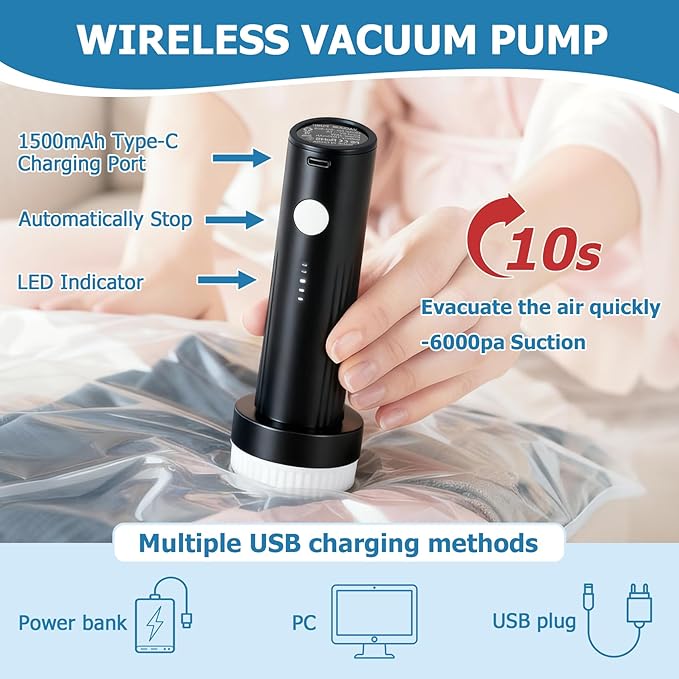 Vacuum Seal Bags for Clothing Travel with Rechargeable Air Pump, 12 Pack of 4 Carry-on Size Space Saver Vacuum Storage Bags, Compression Packing Bags for Luggage Suitcase for Closet Organization