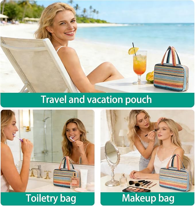 Toiletry Bag with Hanging Hook Straw Rainbow Stripes Cosmetic Bag Water-resistant Travel Bag Preppy Makeup Bag for Store Toiletries Cosmetic Accessories and Sets for Women Blue
