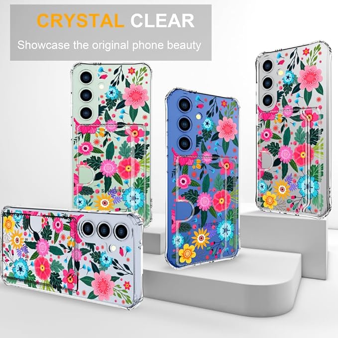 Compatible with Samsung Galaxy S24 / S25 Case Card Holder for Women Cute Design,Wallet Phone Cases Transparent Cool Kawaii Protective (Clear Floral Spring Blossom)