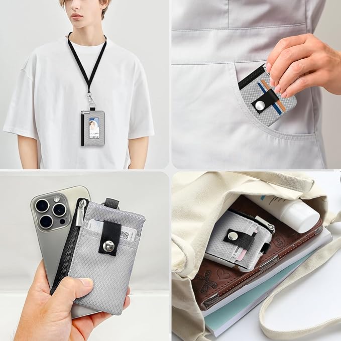 Minimalist RFID Blocking Small Wallet with ID Window,WaterResistant Zip Id Case Wallet with Lanyard Keychain for Cards,Cash,Travel,Women,Men (Light gray)